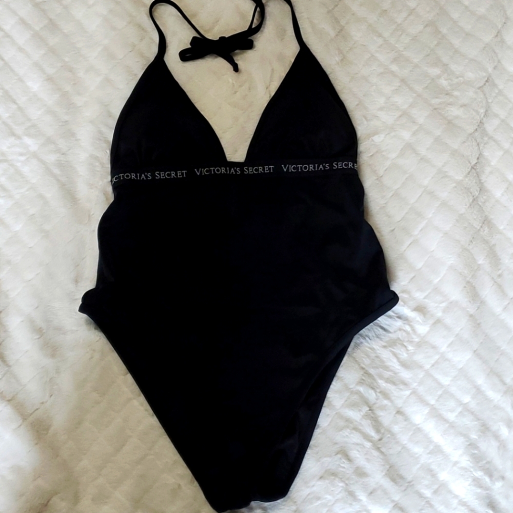 RARE Vintage Y2K 90s Victoria's Secret Halter Top Black One-Piece Swimsuit Sz L